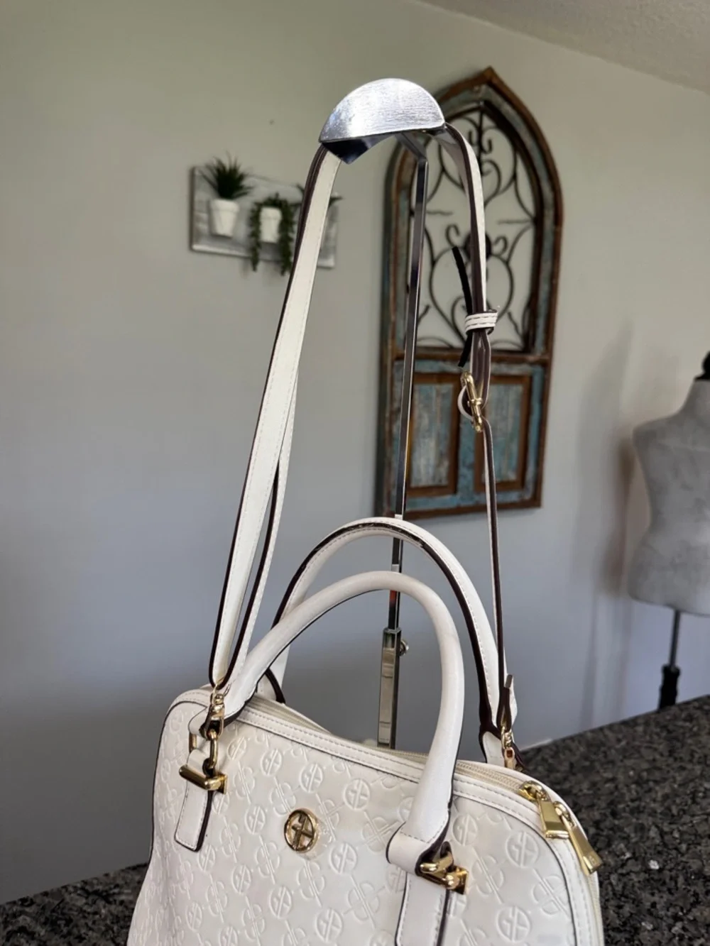 Giani Bernini White Embossed Dome Satchel with Gold Hardware